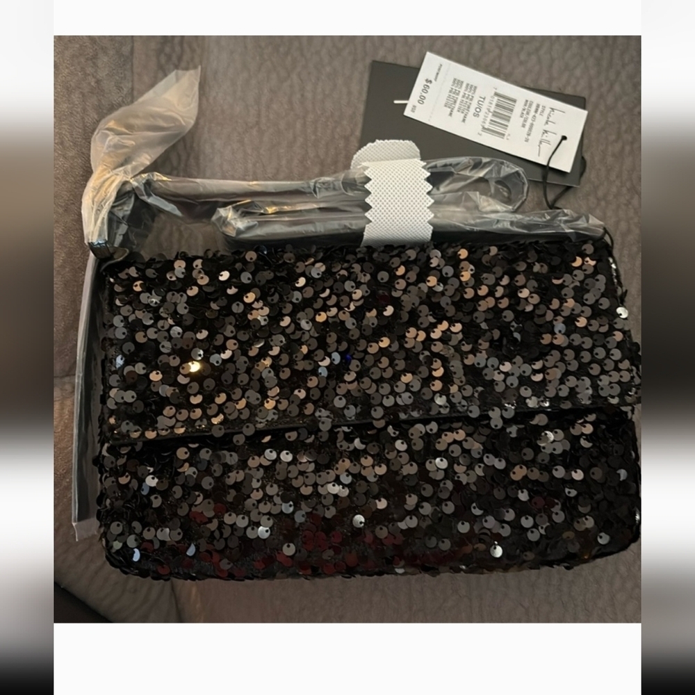 Nicole Miller Sequin Black 9" x 5" x 2" Clutch Bag NWT 20" Strap